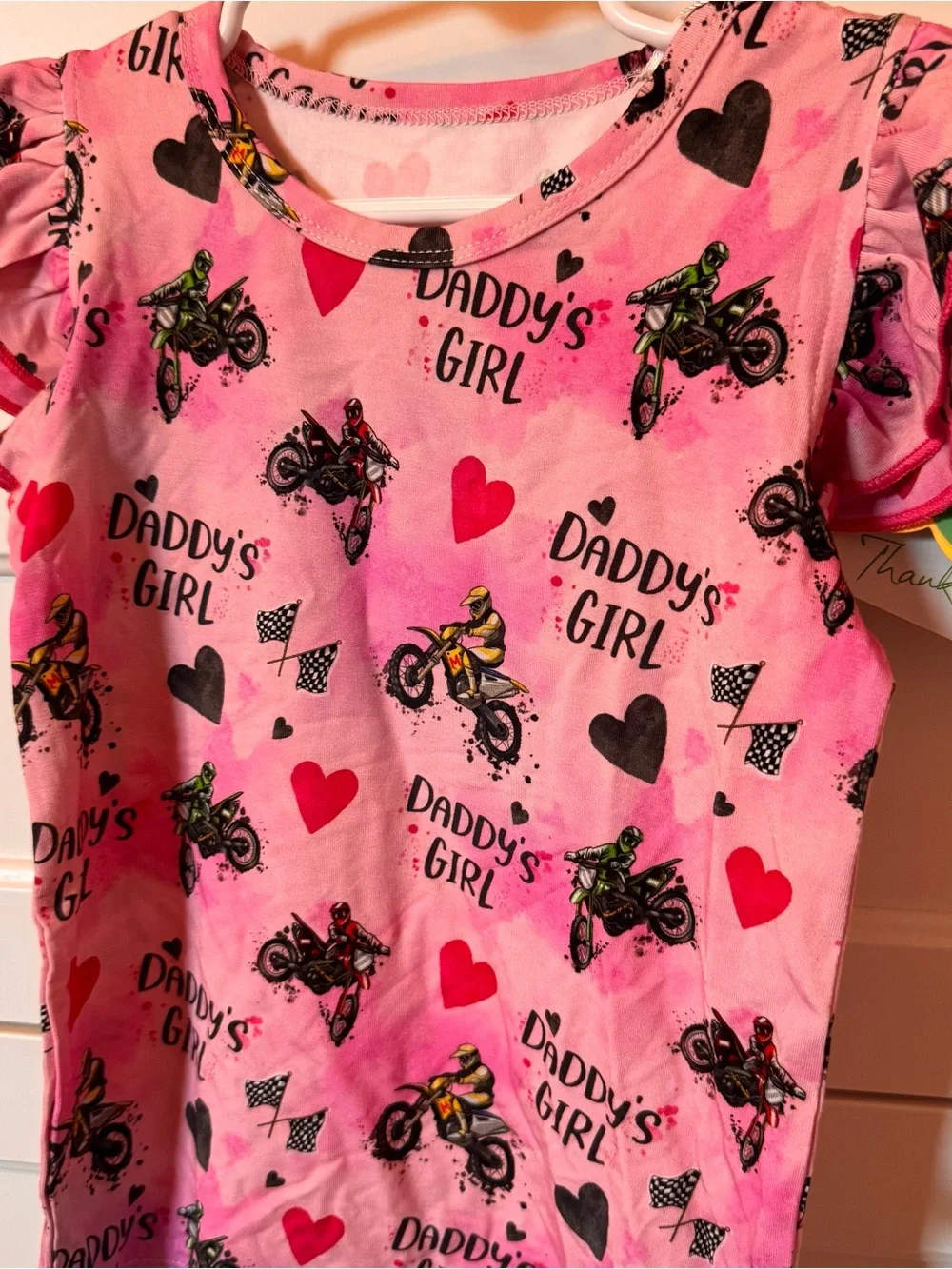 Daddy's Girl Bamboo Pink Motorcycle Dirt Bike Short Sleeve Flutter Tee 3T